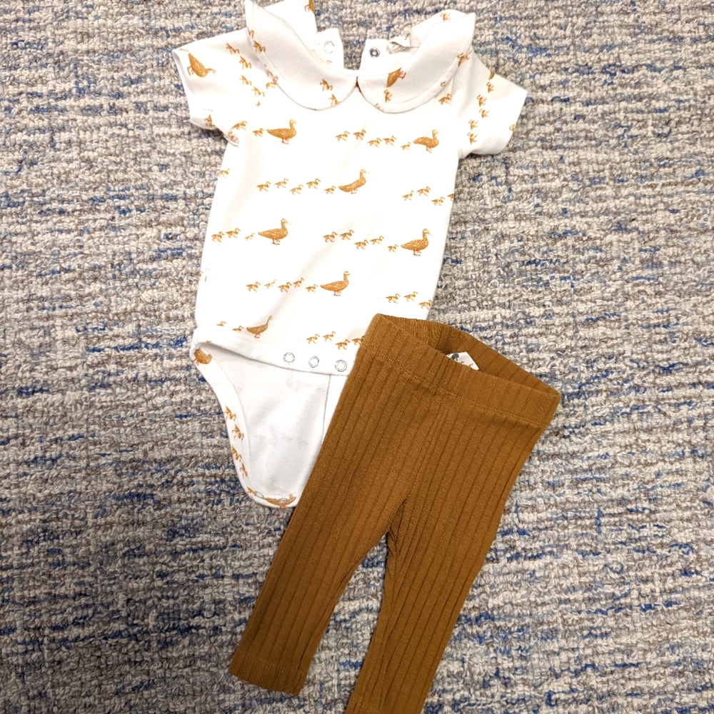 Kate Quinn 3-6m duckling onesie and mustard leggings set